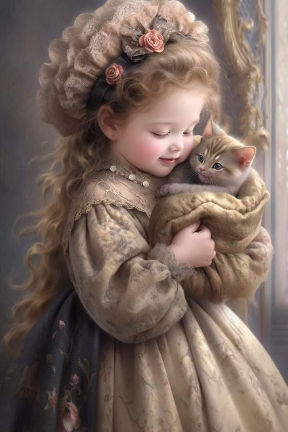 DIAMOND PAINTING -kleines Mädchen hält Katze