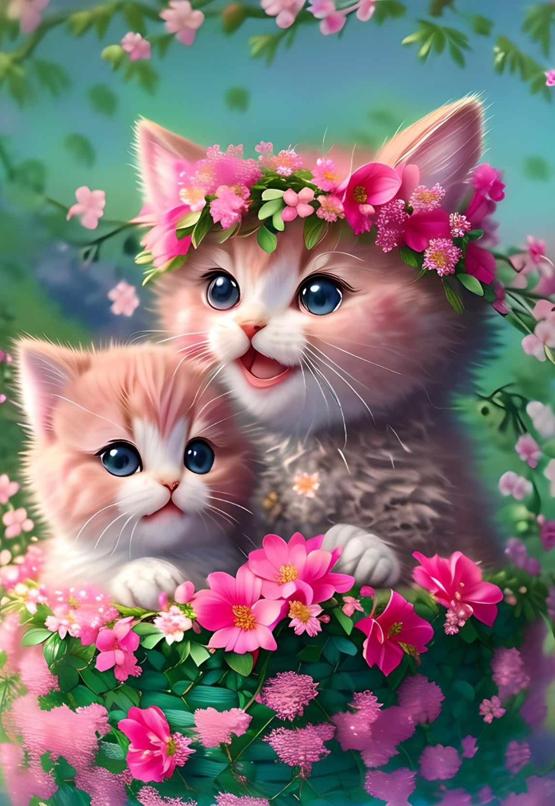 DIY Perlenstickerei - Fantasie-Katzen Im Blumenkorb 40x50cm Bastelset